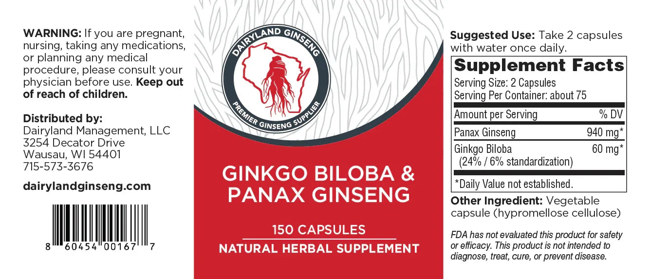 Ginkgo Biloba & Panax Ginseng Capsules - Dairyland Ginseng
