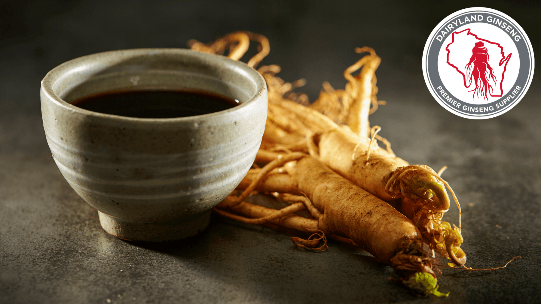 Wisconsin ginseng tea in ceramic cup with fresh American ginseng roots, natural and farm-grown