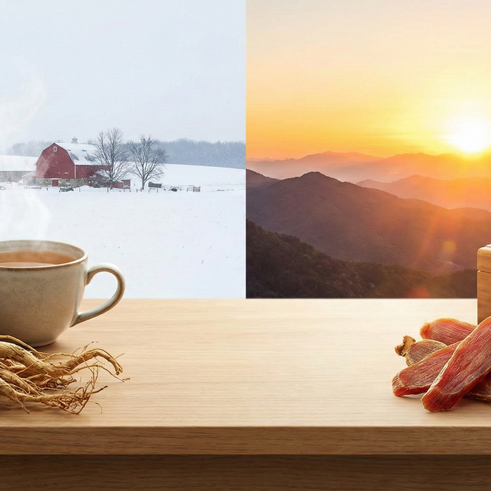 Wisconsin ginseng roots in burlap, ginseng tea, and dried American ginseng slices on wood table