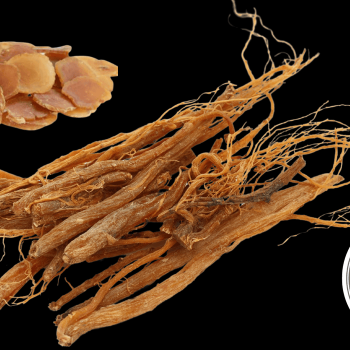 Wisconsin ginseng roots and natural non-GMO American ginseng slices on black background
