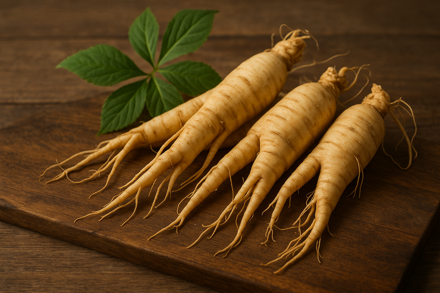 Wisconsin ginseng roots with green leaf on wooden board, natural non-GMO American ginseng