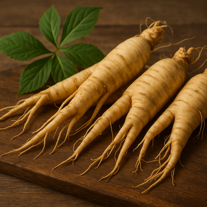 Wisconsin ginseng roots with green leaf on wooden board, natural non-GMO American ginseng