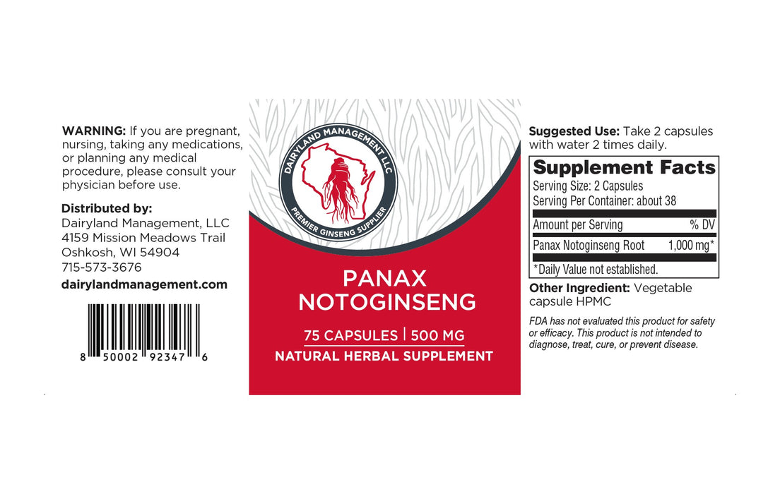 Premium Panax Notoginseng Capsules - 75 Count | Dairyland Ginseng